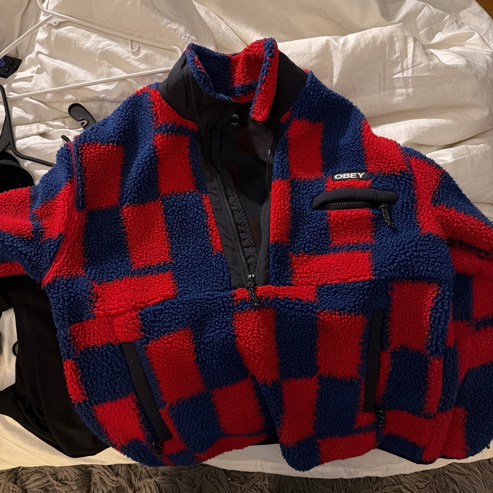 Obey Red and Blue Plaid Fleece Pullover